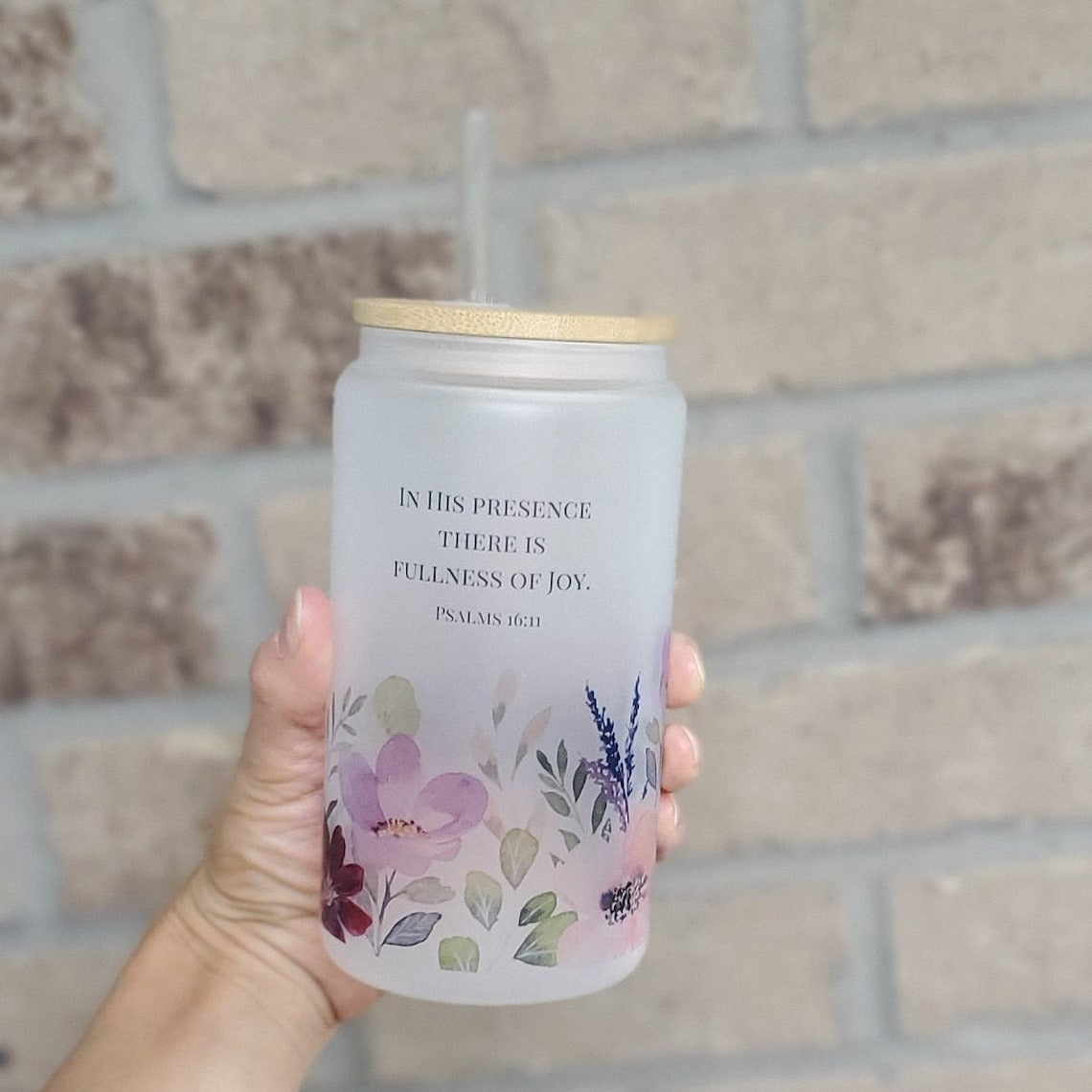Christian Glass Can Flower Bible Verse, faith Jesus Frosted Glass Can. GCLAF24
